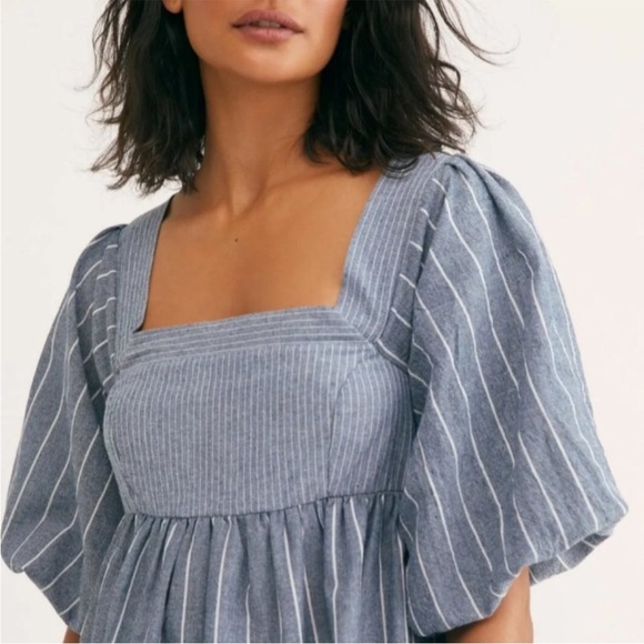 FREE PEOPLE Gigi Striped Puff Sleeve Babydoll Tunic Top EUC Size Large - Picture 5 of 12